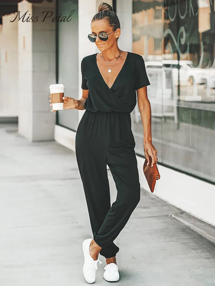 V-neck Short Sleeve Jumpsuit For Woman Casual Long 2023