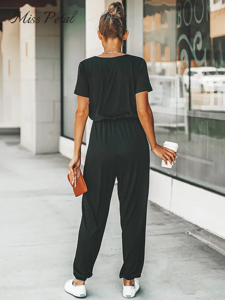 V-neck Short Sleeve Jumpsuit For Woman Casual Long 2023