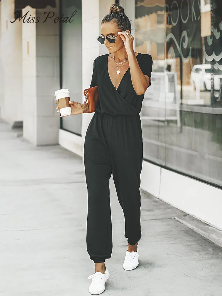 V-neck Short Sleeve Jumpsuit For Woman Casual Long 2023