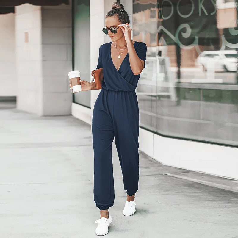 V-neck Short Sleeve Jumpsuit For Woman Casual Long 2023