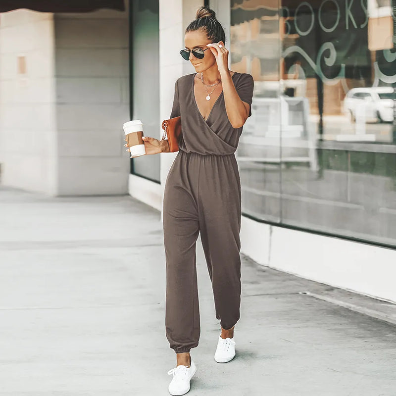 V-neck Short Sleeve Jumpsuit For Woman Casual Long 2023